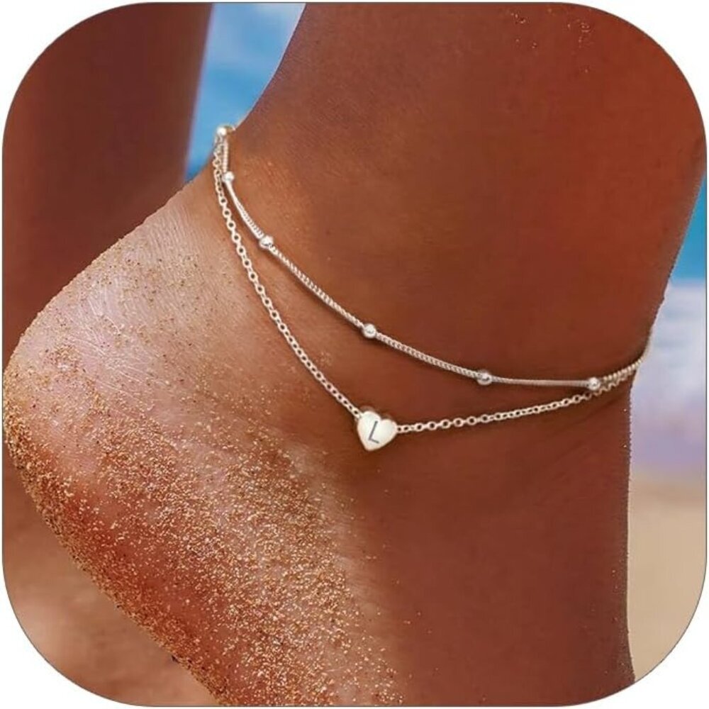 Sterling Silver Anklets for Women 925 Ankle Bracelets for Women Layered Heart An